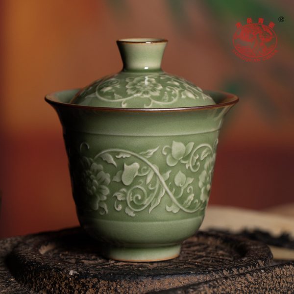 龙泉青瓷 创意复古手抓泡茶碗两才盖碗 陶瓷中式功夫茶具品茗茶杯
