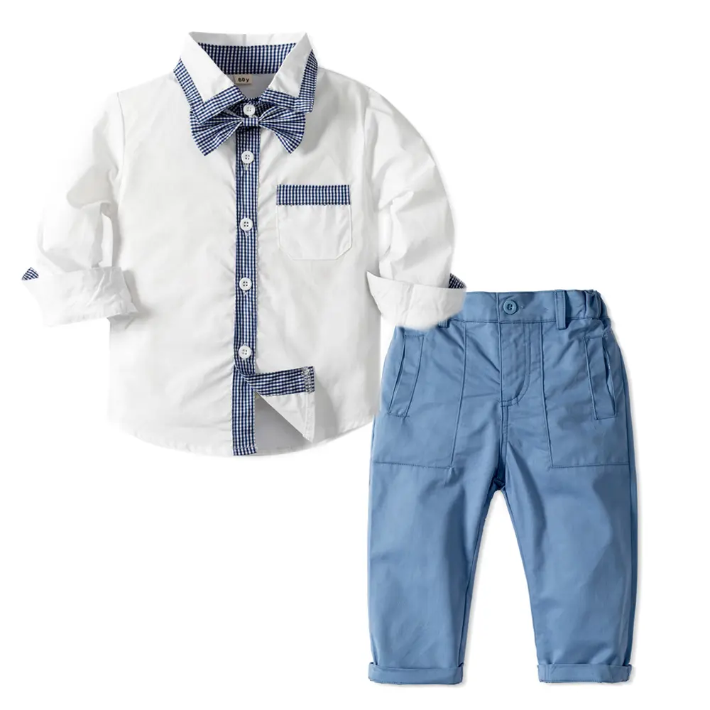 欧美跨境春秋新款男童绅士服长袖衬衫裤子领结皮单多件套厂家生产