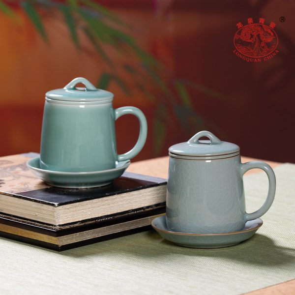 龙泉青瓷茶杯带过滤内胆办公杯家用杯碟组合大容量喝茶杯子泡茶杯