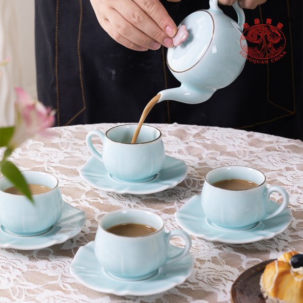 龙泉青瓷创意功夫茶具一壶四杯陶瓷咖啡红茶壶茶杯中式高档礼盒装