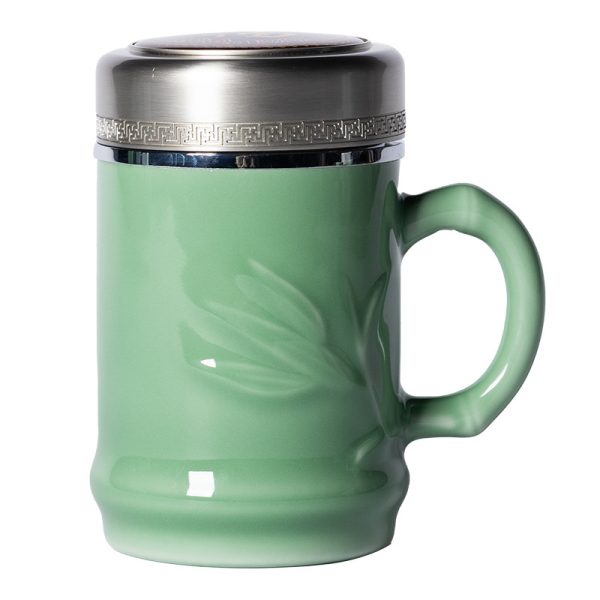 龙泉青瓷 竹节保温杯不锈钢内胆茶水分离泡茶杯 陶瓷大容量商务杯