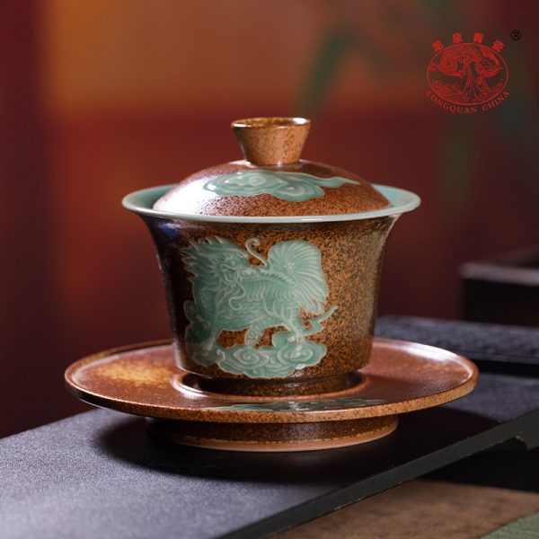 龙泉青瓷 三才盖碗家用功夫茶具敬茶泡茶碗 陶瓷仿古柴烧手抓茶碗