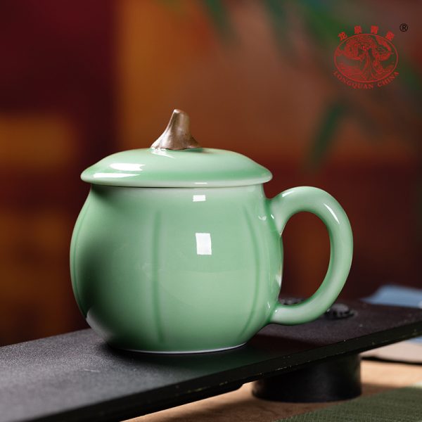 龙泉青瓷 创意带盖南瓜杯大容量喝水杯 陶瓷办公杯家用泡茶杯子