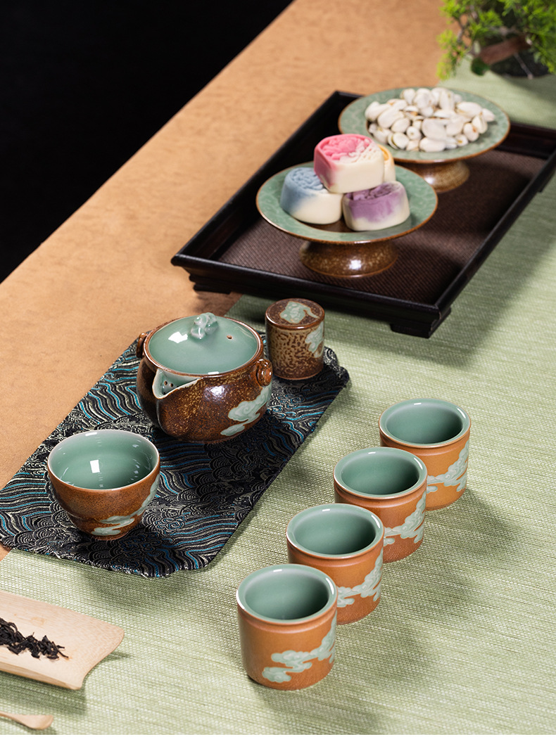 龙泉青瓷 功夫茶具家用高档茶壶茶杯整套 陶瓷柴烧窑变商务礼盒装
