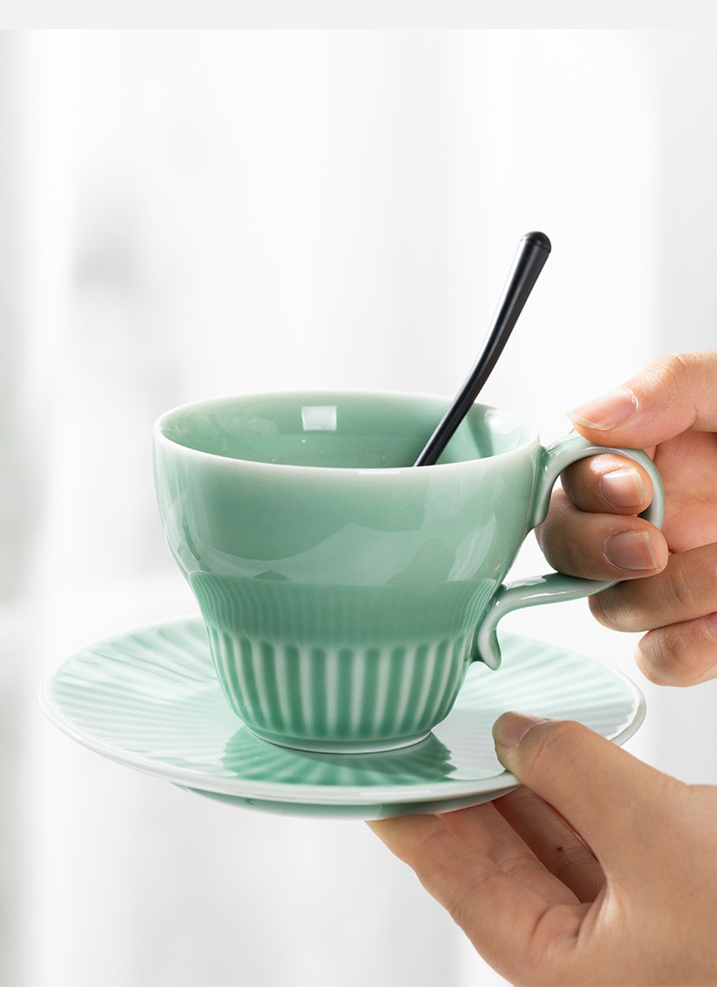 龙泉青瓷 复古拿铁咖啡杯碟套装 陶瓷高档精致马克杯早餐情侣杯子