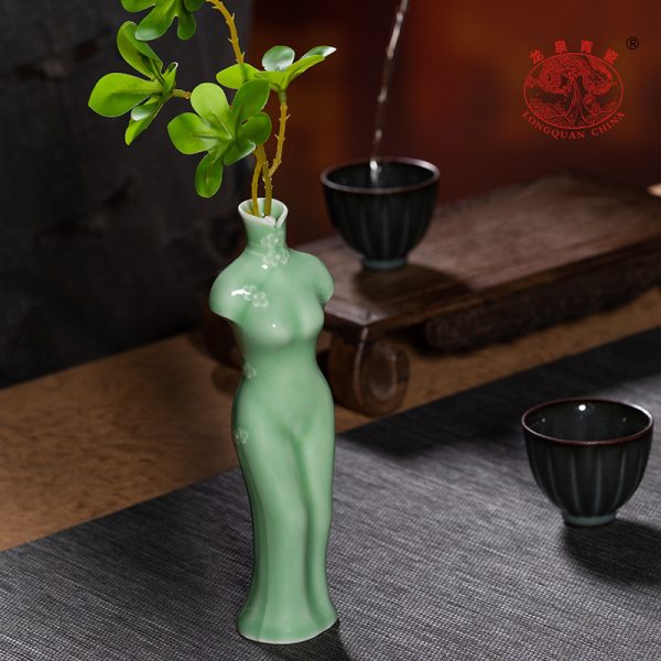 龙泉青瓷花瓶创意客厅中式小号家居装饰摆件陶瓷水培插花器二件套