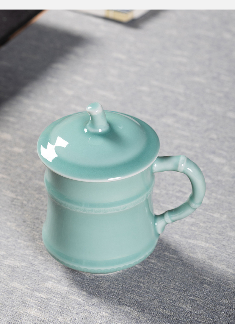 龙泉青瓷 茶杯单杯办公室泡茶杯高档家用马克杯 陶瓷水杯过滤杯子