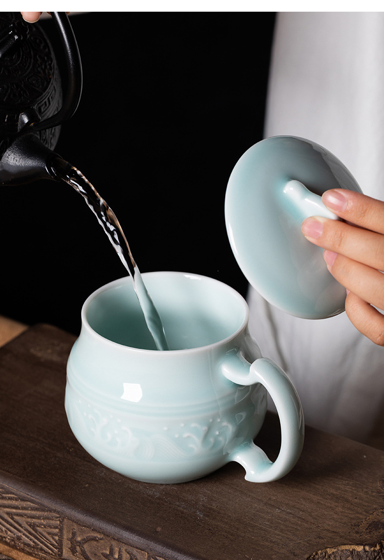 龙泉青瓷 家用带盖水杯中式泡茶杯马克杯 陶瓷个人专用办公室会议