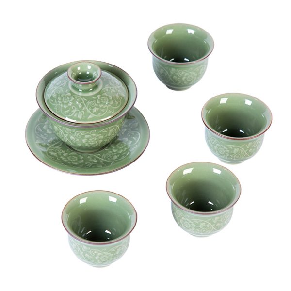 龙泉青瓷高端盖碗一壶四杯茶具 简约创意陶瓷功夫茶具商务礼盒装