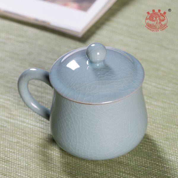龙泉青瓷 办公杯家用带盖马克杯哥窑开片泡茶杯 陶瓷茶杯个人水杯