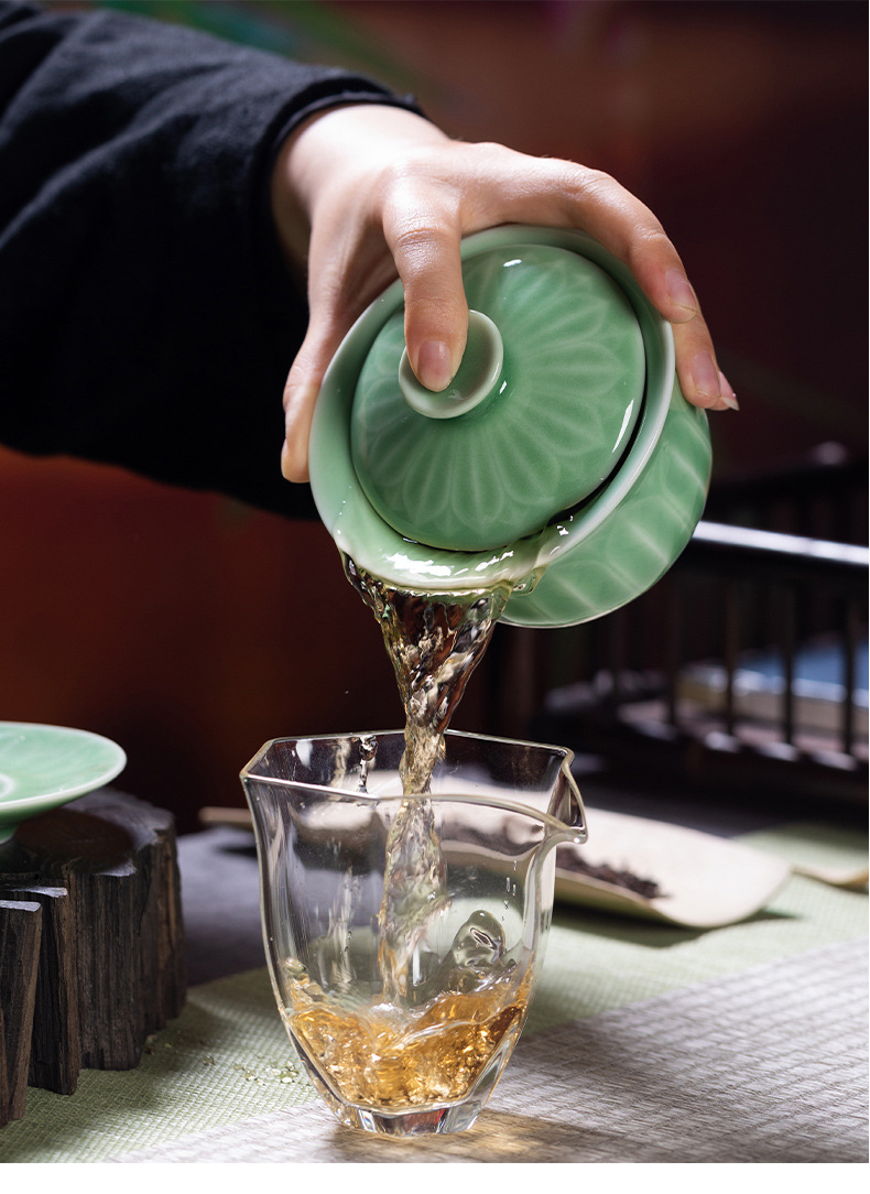 龙泉青瓷 创意仿古手工三才盖碗 陶瓷中式功夫茶具莲花敬茶泡茶碗