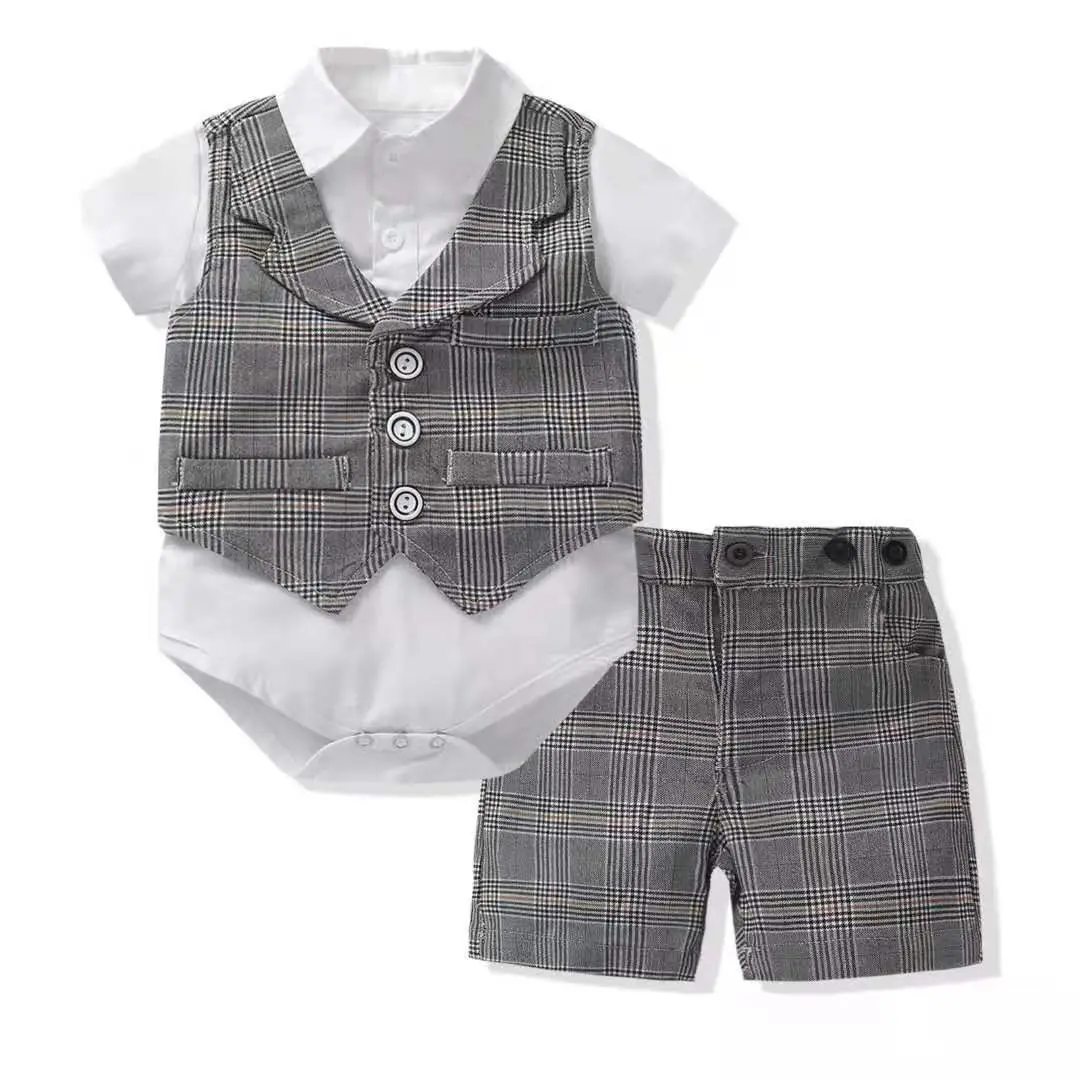 跨境夏季新款男宝宝绅士套装周岁礼服爬服马甲短裤领结多件套批发