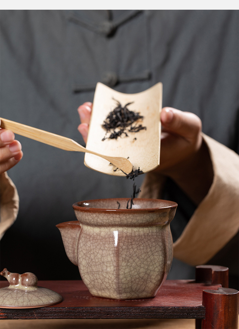 龙泉青瓷 复古传世哥窑功夫茶具套装 陶瓷盖碗茶壶茶杯旅行礼盒装