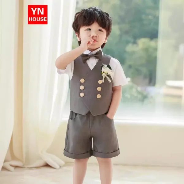 男童西装马甲短袖套装夏季英伦风表演演出服宝宝生日周岁礼服花童