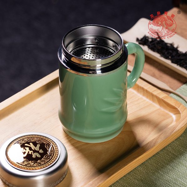 龙泉青瓷 竹节保温杯不锈钢内胆茶水分离泡茶杯 陶瓷大容量商务杯