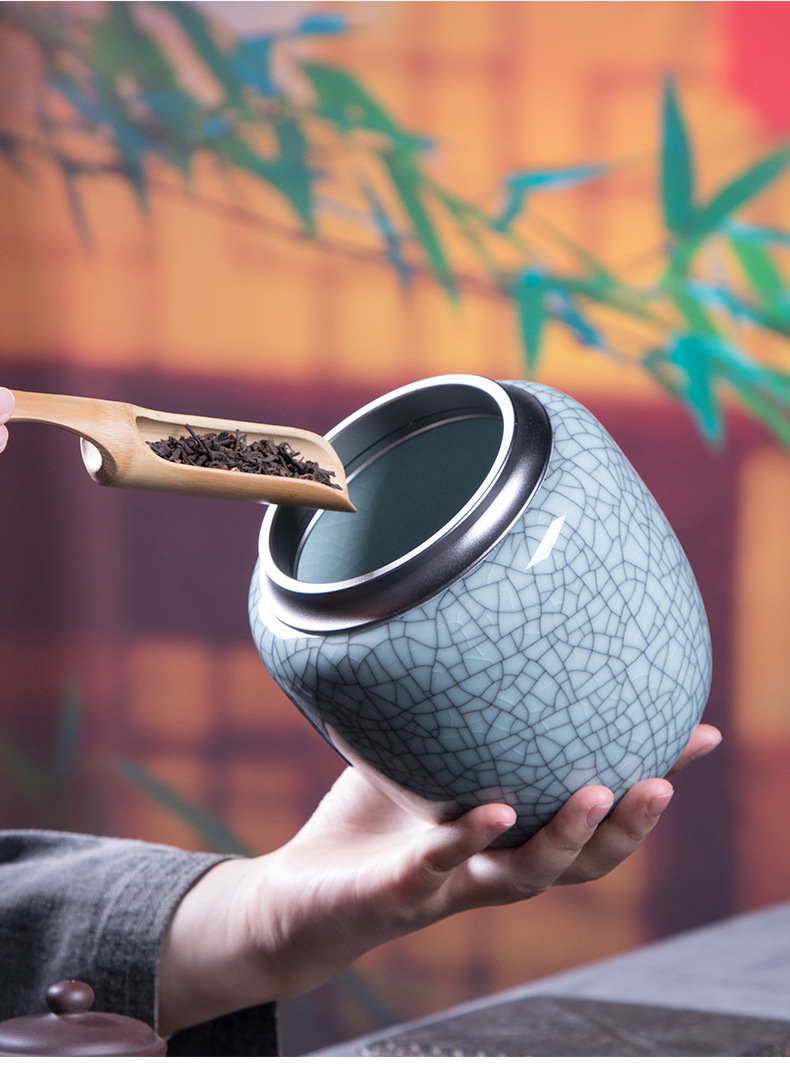 龙泉青瓷 密封茶叶罐大容量存茶罐子 陶瓷大号金属盖防潮存储茶罐