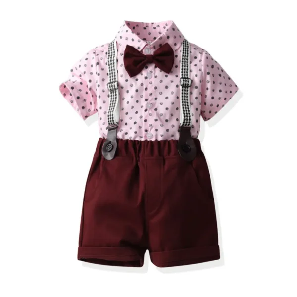 新品童装批发男童粉色短袖衬衫背带裤生日礼服一件代发儿童服装