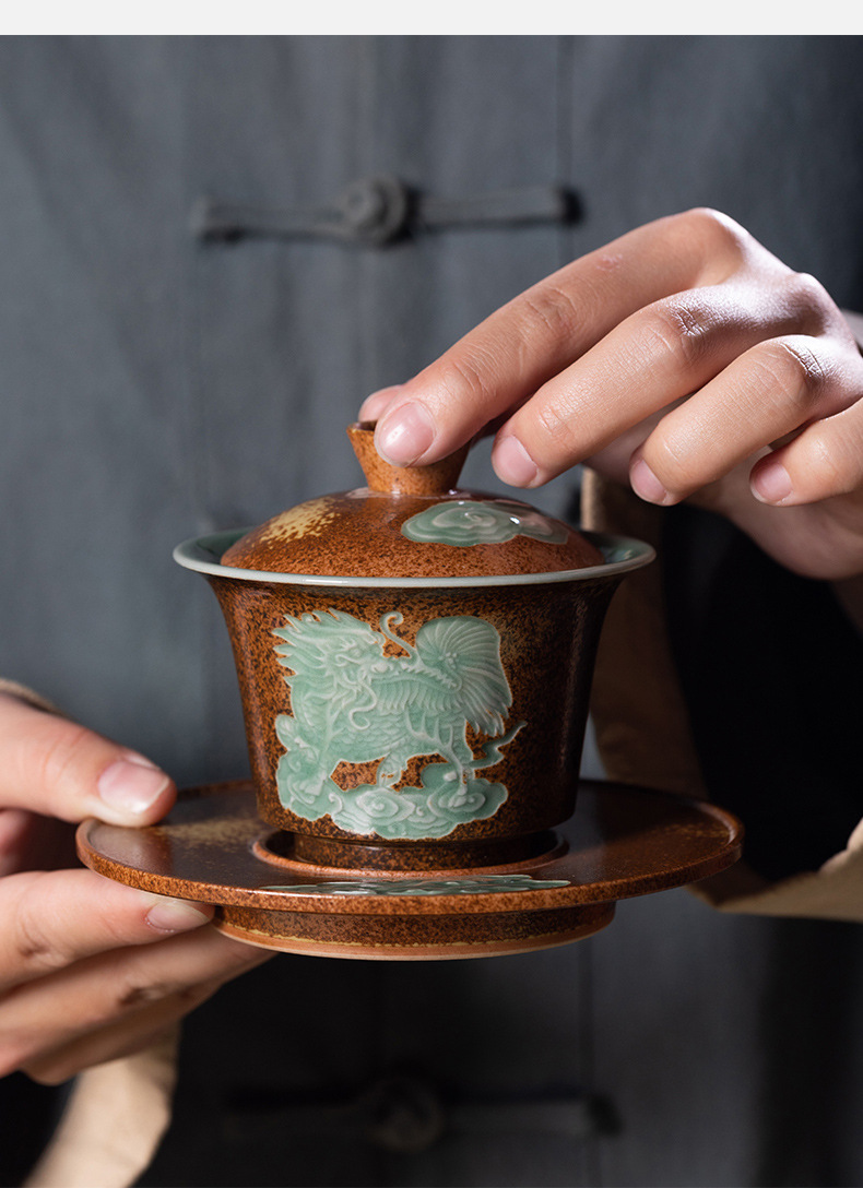 龙泉青瓷 三才盖碗家用功夫茶具敬茶泡茶碗 陶瓷仿古柴烧手抓茶碗