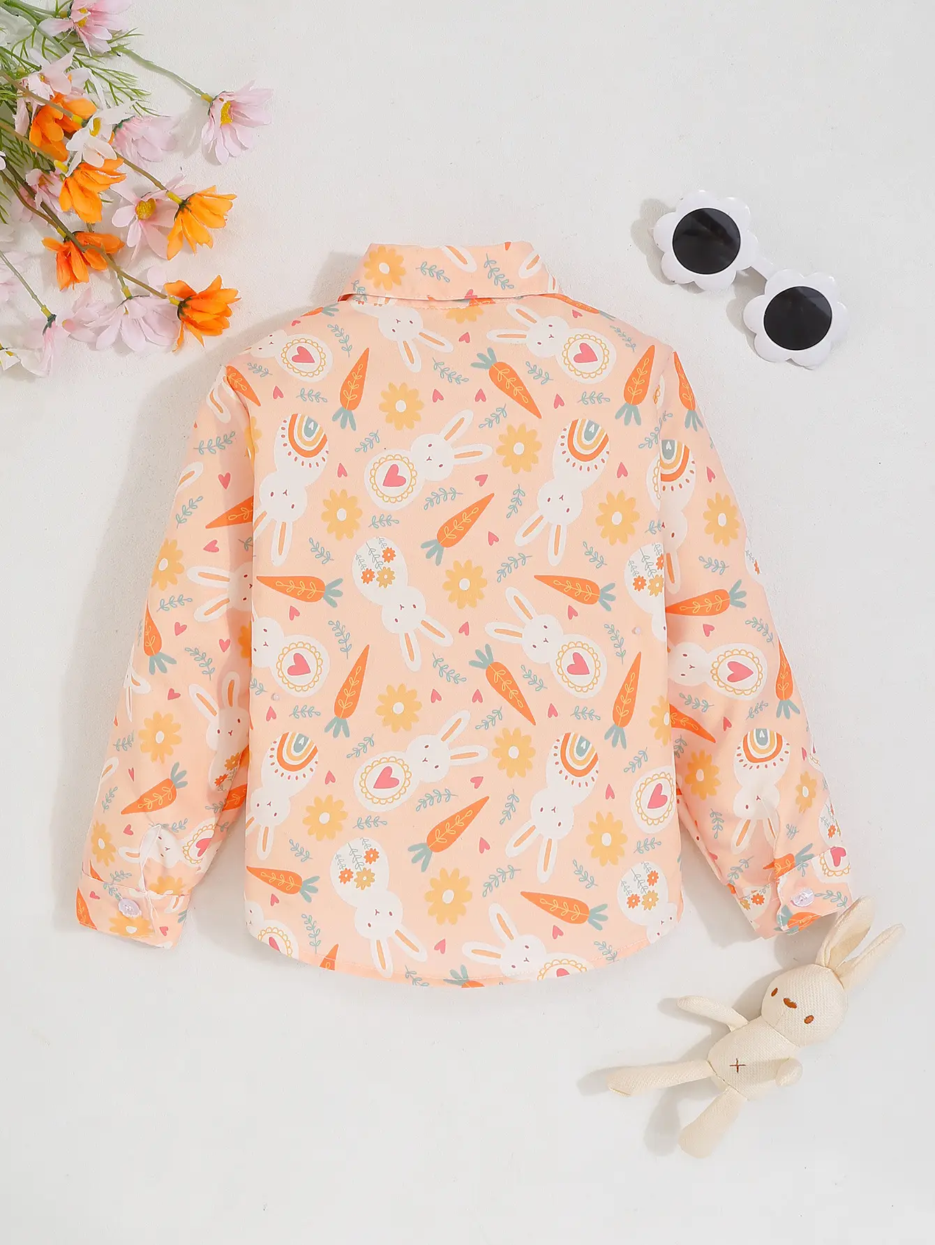 新款跨境春夏款款男童复活节红萝卜兔子印花翻领长袖衬衫厂家批发