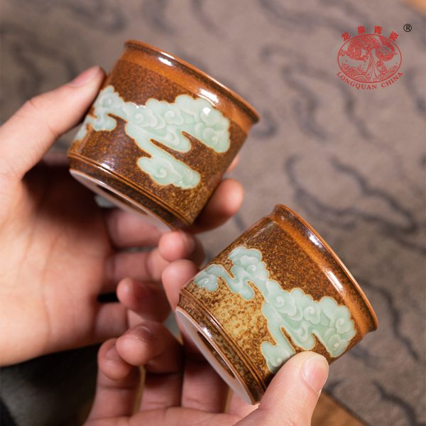 龙泉青瓷柴烧窑变手工主人杯单杯陶瓷功夫茶杯祥云扳指品茗杯盏