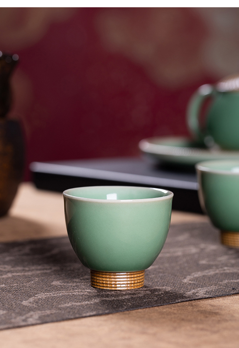 龙泉青瓷 复古纯手工跳刀功夫茶具 陶瓷轻奢泡茶壶杯壶承礼盒整套