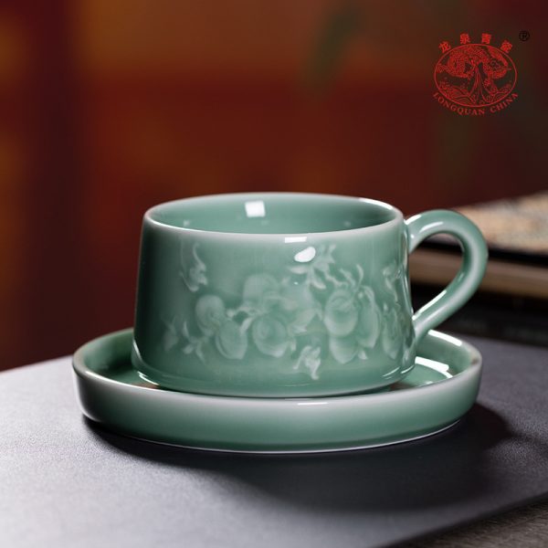 龙泉青瓷高级感咖啡杯陶瓷杯碟套装下午茶马克杯泡茶水杯子办公室