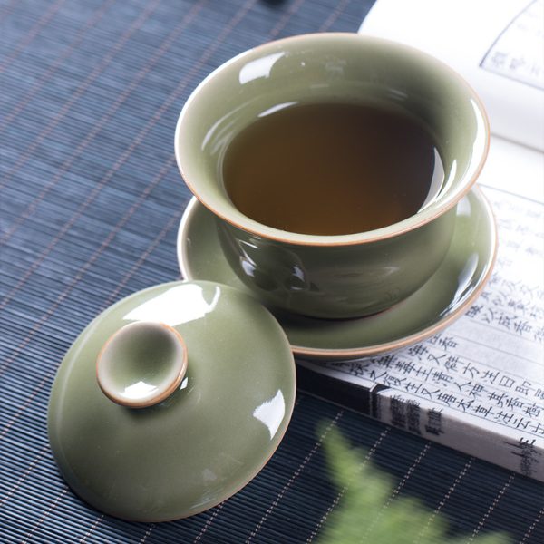 龙泉青瓷 原矿仿古越窑三才盖碗 陶瓷手工泡茶敬茶碗家用功夫茶具