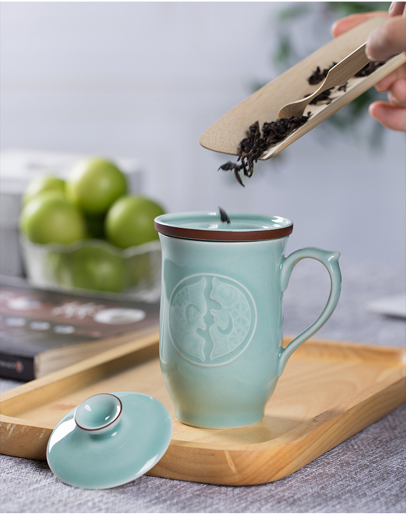 龙泉青瓷 办公杯茶杯过滤带盖带柄泡茶水杯 商务会议马克杯礼盒装