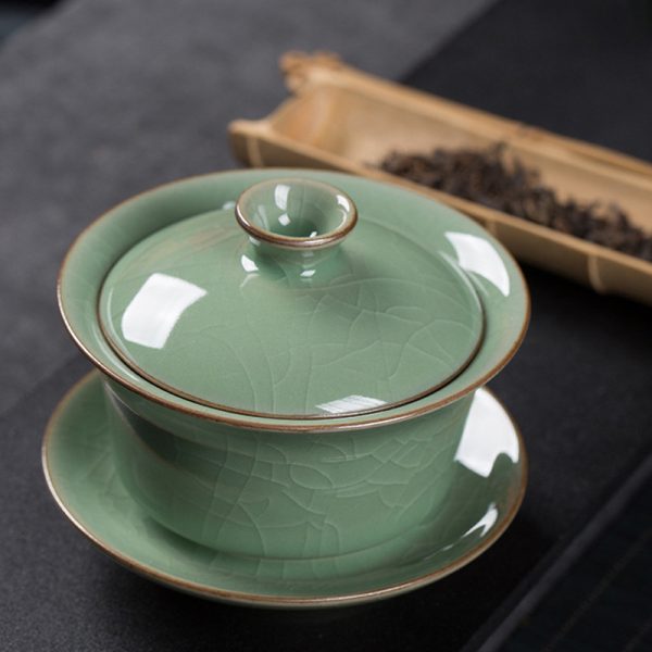龙泉青瓷 功夫茶盖碗三才敬茶杯 陶瓷茶具中式仿古家用手抓分茶器