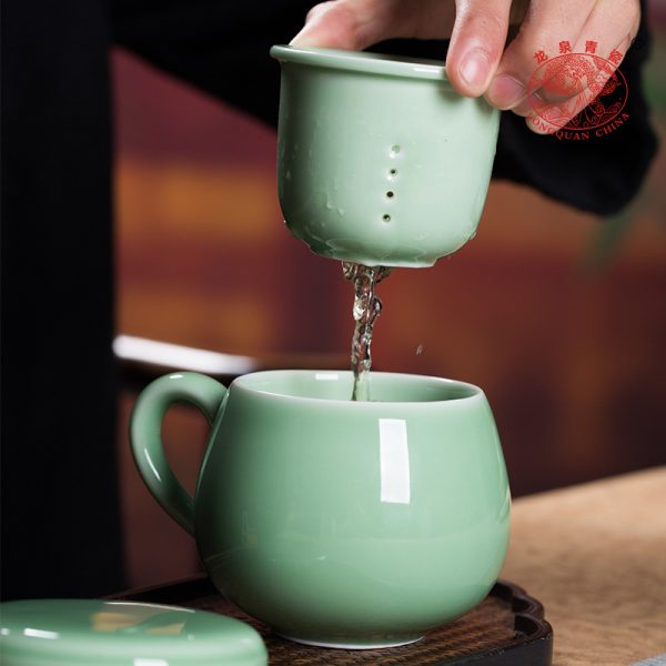龙泉青瓷 带盖过滤茶水分离泡茶杯嘟嘟杯 陶瓷办公室马克杯茶叶罐