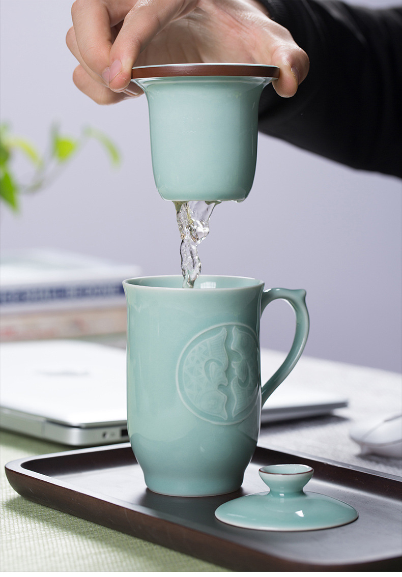 龙泉青瓷 办公杯茶杯过滤带盖带柄泡茶水杯 商务会议马克杯礼盒装