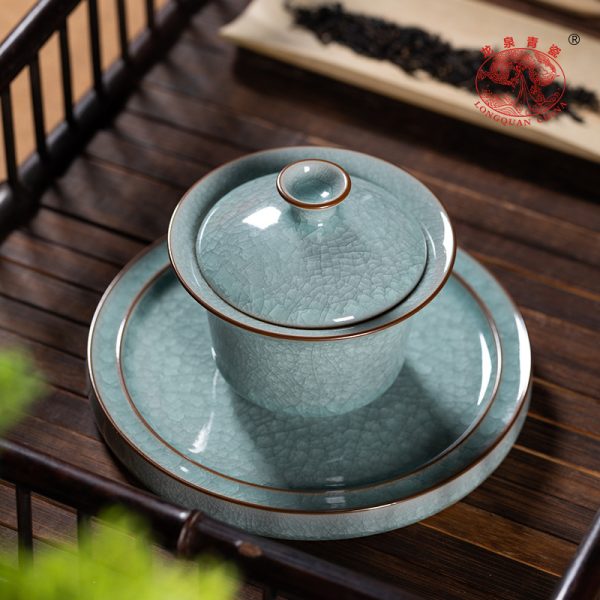 龙泉青瓷 三才盖碗大号冰裂手抓茶碗 陶瓷功夫茶具手工高档敬茶碗