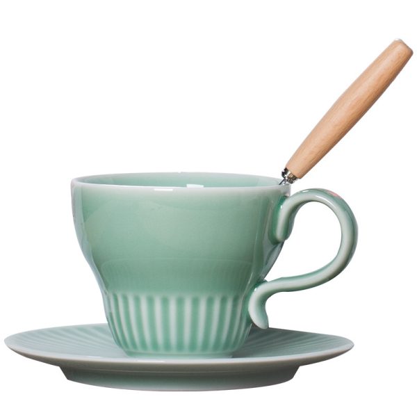 龙泉青瓷 拿铁咖啡杯碟套装高档精致水杯 陶瓷家用高颜值马克杯子