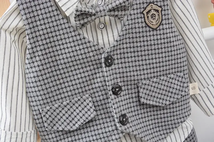 欧美春秋男童长袖长裤马甲礼服三件套儿童千鸟格外贸表演绅士新款