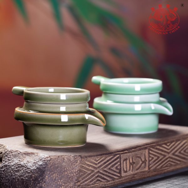 厂家直销 龙泉青瓷创意仿古茶漏茶托组合 陶瓷功夫茶滤茶托批发