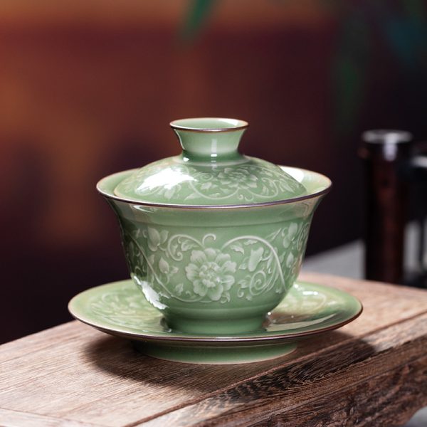 龙泉青瓷纯手工三才盖碗 陶瓷缠枝莲花中式茶道功夫茶具茶碗茶杯