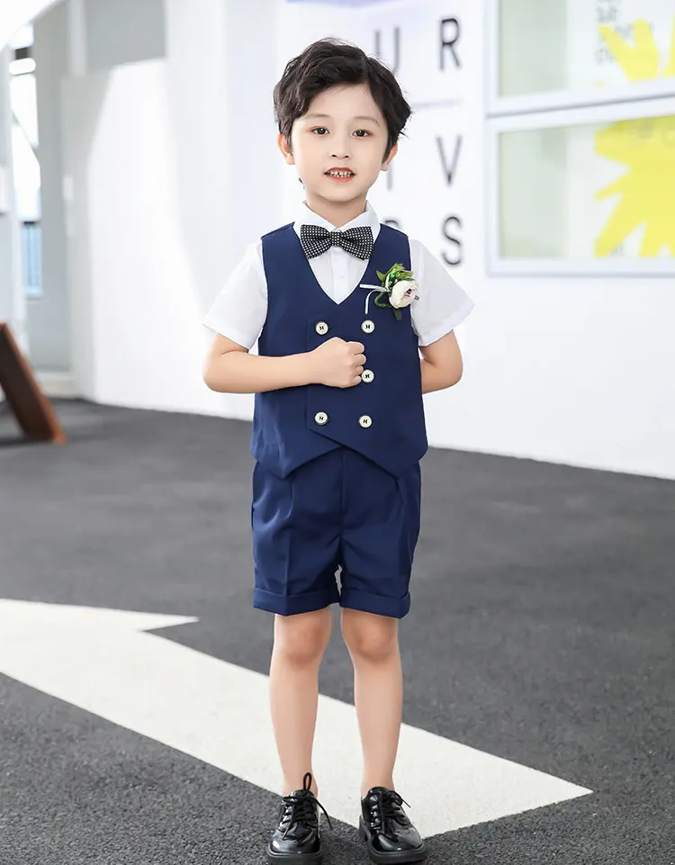 儿童套装新款春夏短袖马甲套男童花礼服中小童宝宝周岁生日宴会服