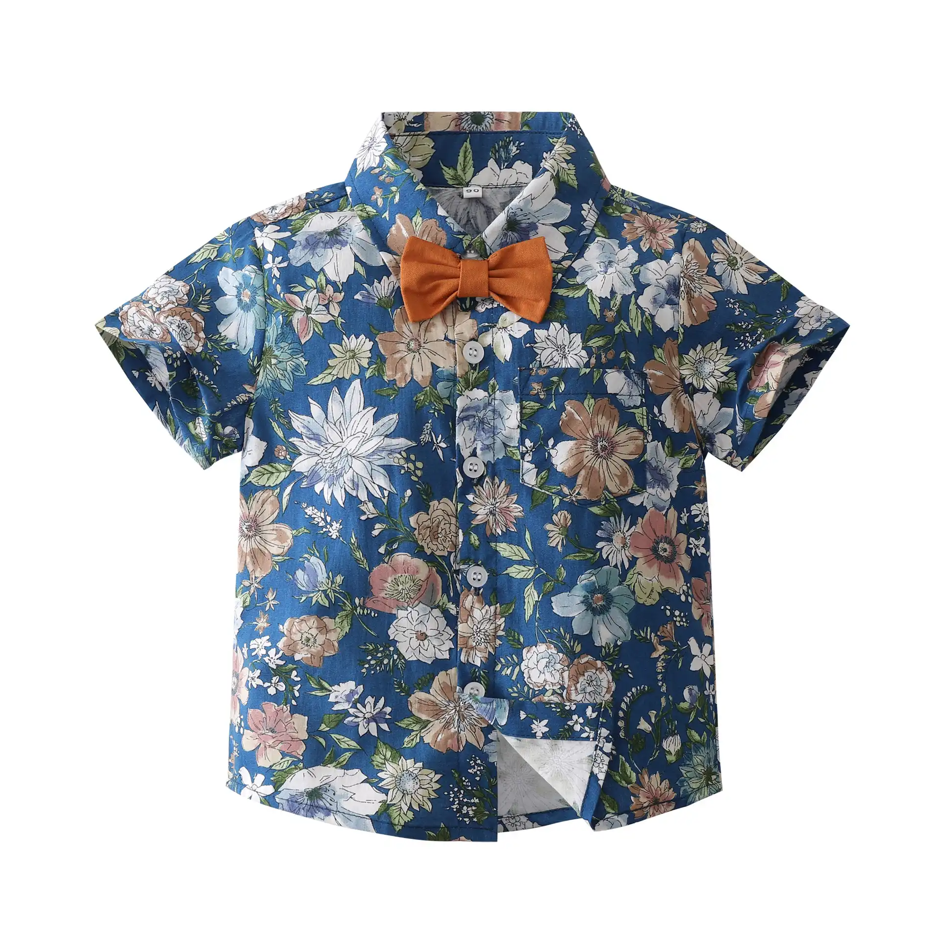 跨境男夏天衣服小童新款短袖印花衬衫两件套韩版儿童绅士礼服套装