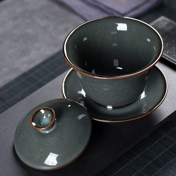 龙泉青瓷 铁胎盖碗三才家用敬茶泡茶碗 陶瓷功夫茶具手工大号茶杯