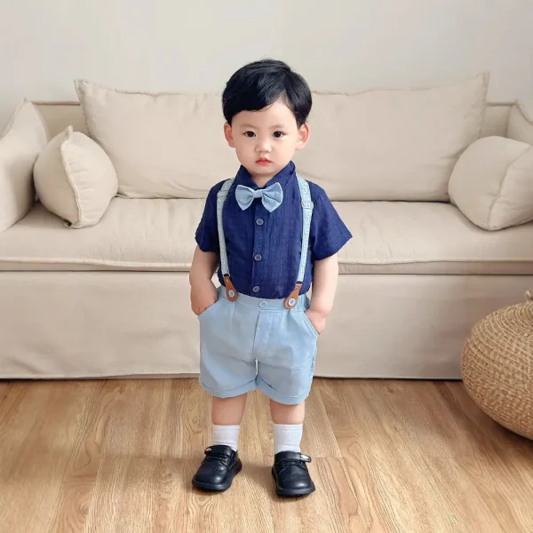 欧美绅士夏款儿童套装宝宝正装polo衬衫背带短裤宴会礼服男童夏装