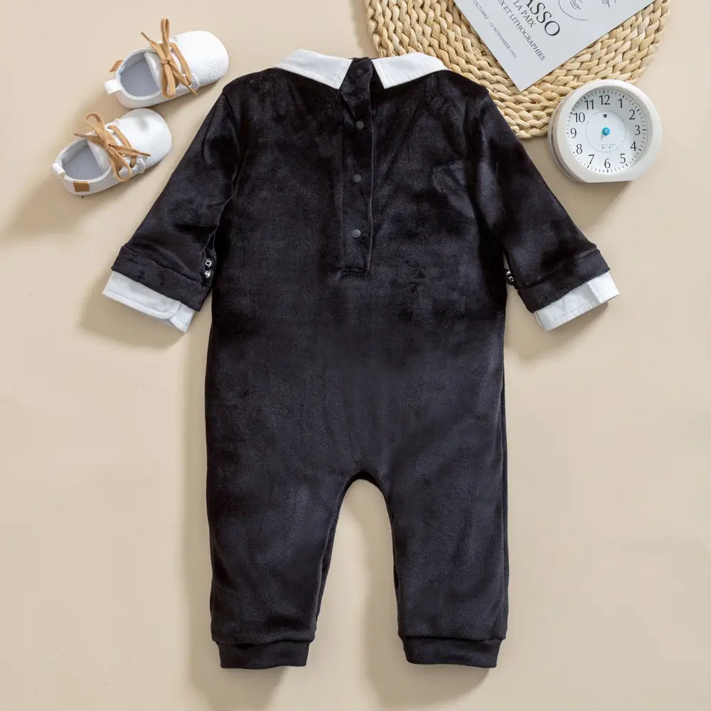 春秋新款婴儿假两件男宝宝周岁生日礼服金丝绒连体baby幼童包屁衣