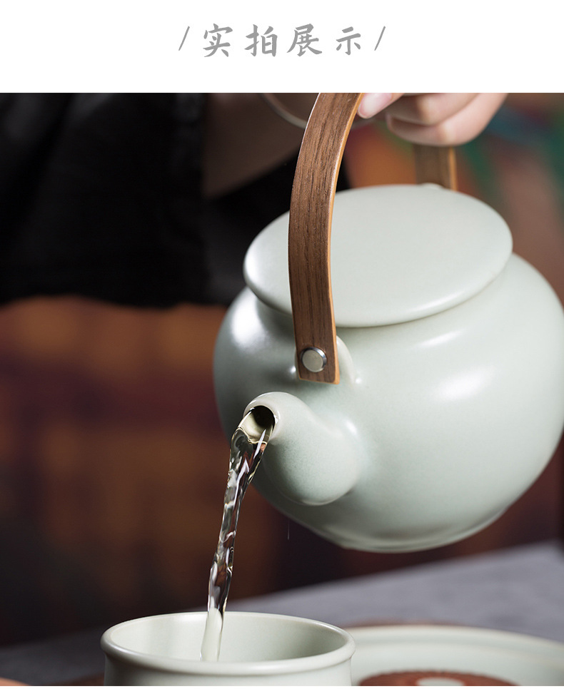 龙泉青瓷 汝窑整套高档功夫茶具 陶瓷冰裂提梁壶茶杯礼盒送礼套装