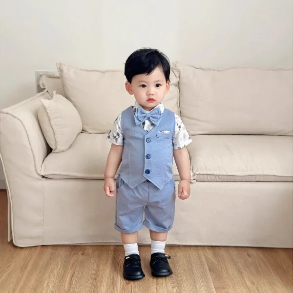 跨境欧美哈衣短袖短裤三件套儿童服装小宝宝夏季洋气礼服男童套装