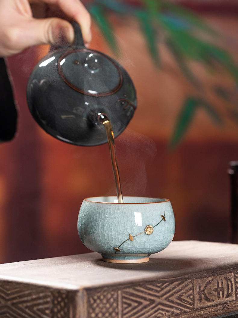 龙泉青瓷 创意冰裂手工主人杯功夫茶具品茗杯 陶瓷手工焗钉杯茶碗