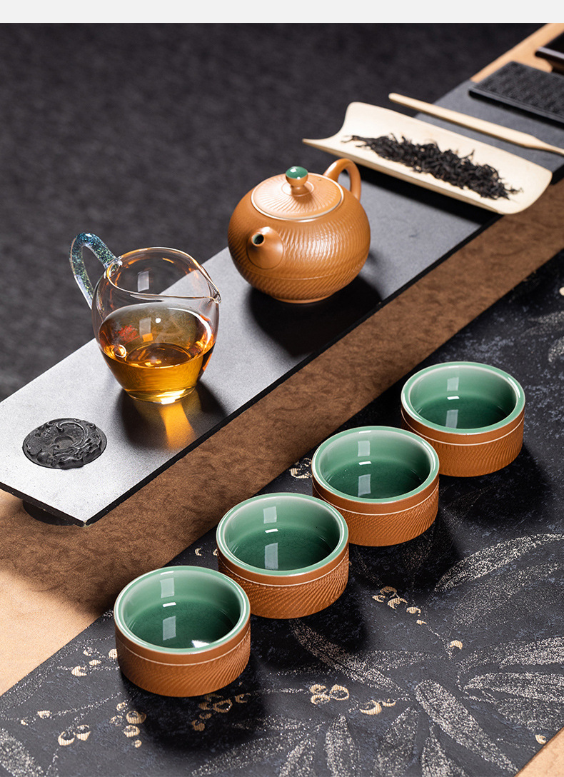 龙泉青瓷 便携式功夫旅行一壶四杯茶具套装 手工跳刀茶壶茶杯公道