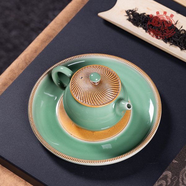 龙泉青瓷 复古纯手工跳刀功夫茶具 陶瓷轻奢泡茶壶杯壶承礼盒整套
