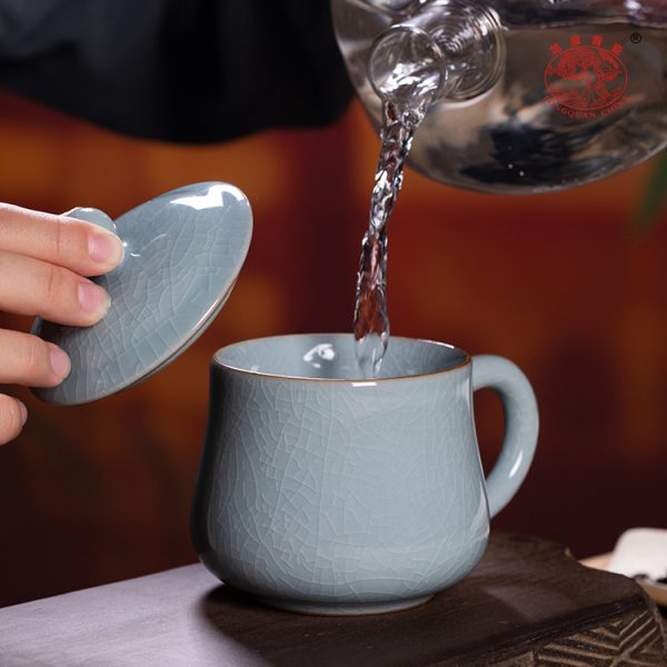 龙泉青瓷 办公杯家用马克杯哥窑开片泡茶杯 陶瓷茶杯个人带盖水杯