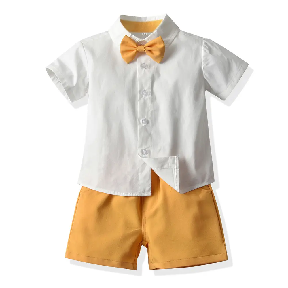 新品夏季韩版童装礼服棉质短袖衬衫背带裤宝宝衣服外贸男童套装