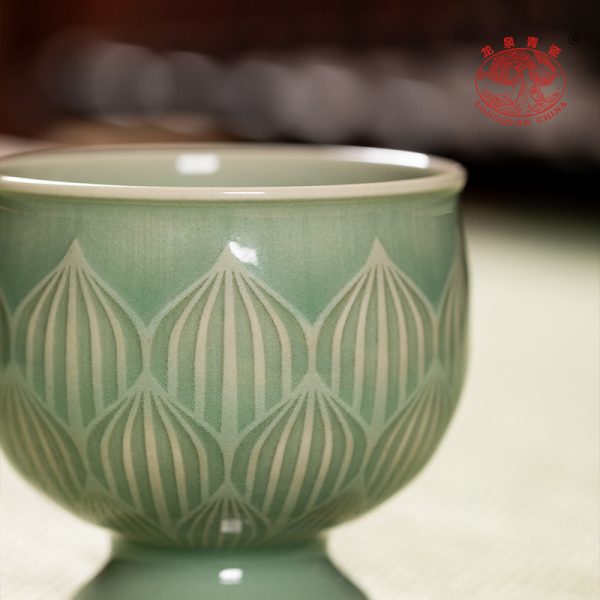 龙泉青瓷莲瓣高足杯子复古茶杯陶瓷家用主人杯单品茗杯功夫泡茶具