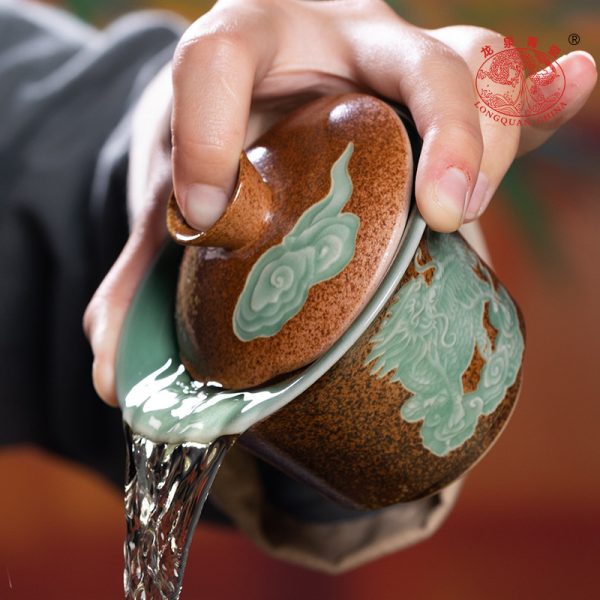 龙泉青瓷 三才盖碗家用功夫茶具敬茶泡茶碗 陶瓷仿古柴烧手抓茶碗